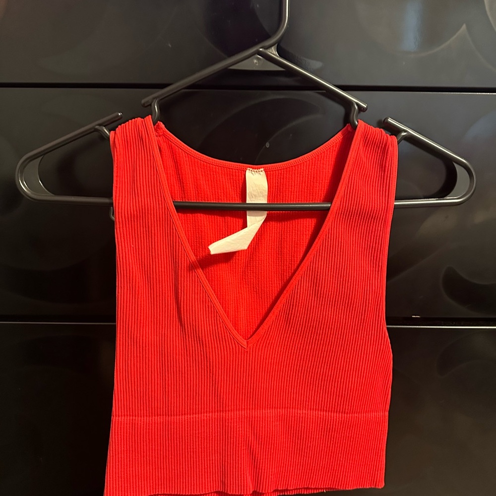 Red V-Neck Ribbed Women's Top